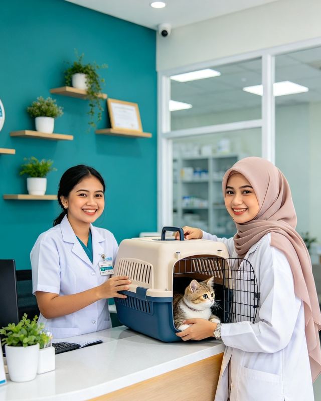 Resepsionis klinik hewan melayani pemilik kucing