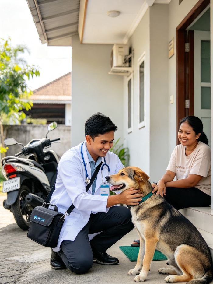 Dokter hewan berkunjung ke rumah pemilik anjing